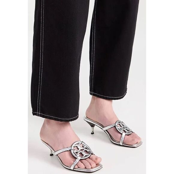 Tory Burch Metallic Leather Geo Bombe Miller Low Heel Sandals Silver Size 7.5 $2 - Picture 1 of 12